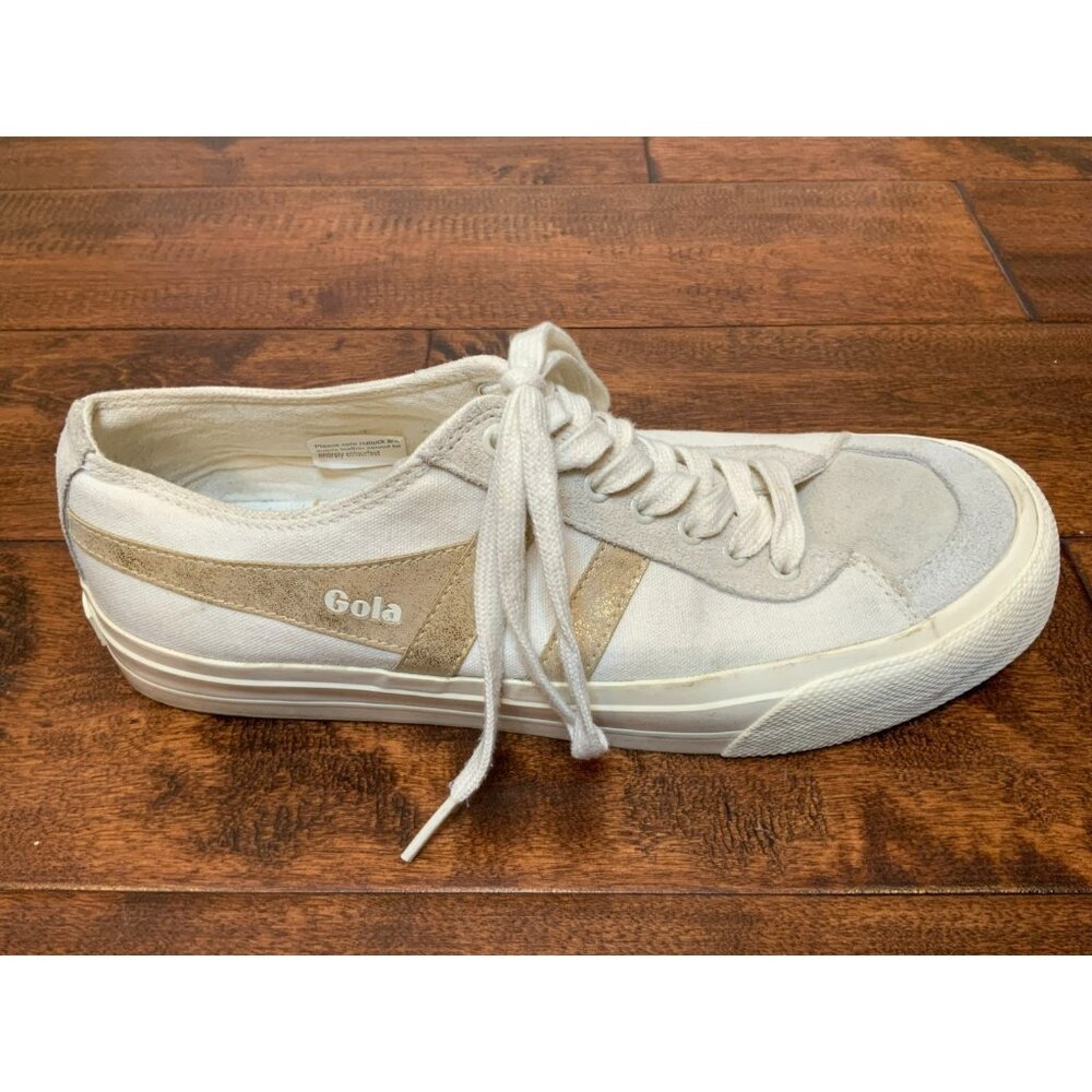 Gola White, Gray Suede & Gold Metallic Stripe Lace-Up Sneakers, Size 10 | 41